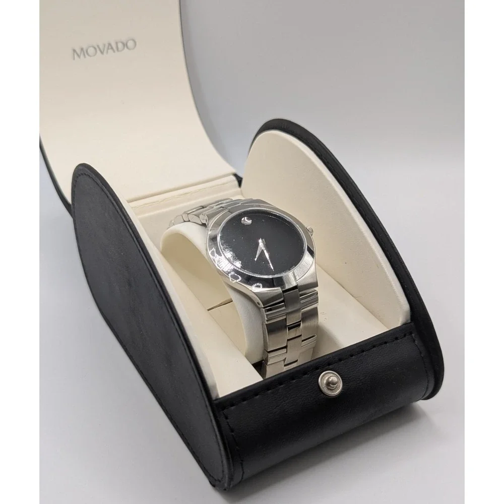 Vtg Men's Movado Museum Watch Black Dial Stainless Steel Swiss Quartz NIB